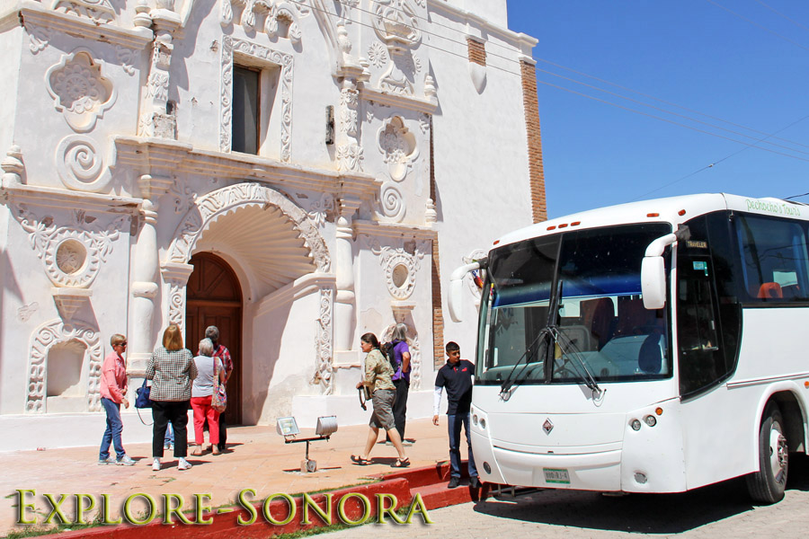 A group of tourists arrive at the Iglesia San Pedro y San Pablo in Tubutama, Sonora, Mexico