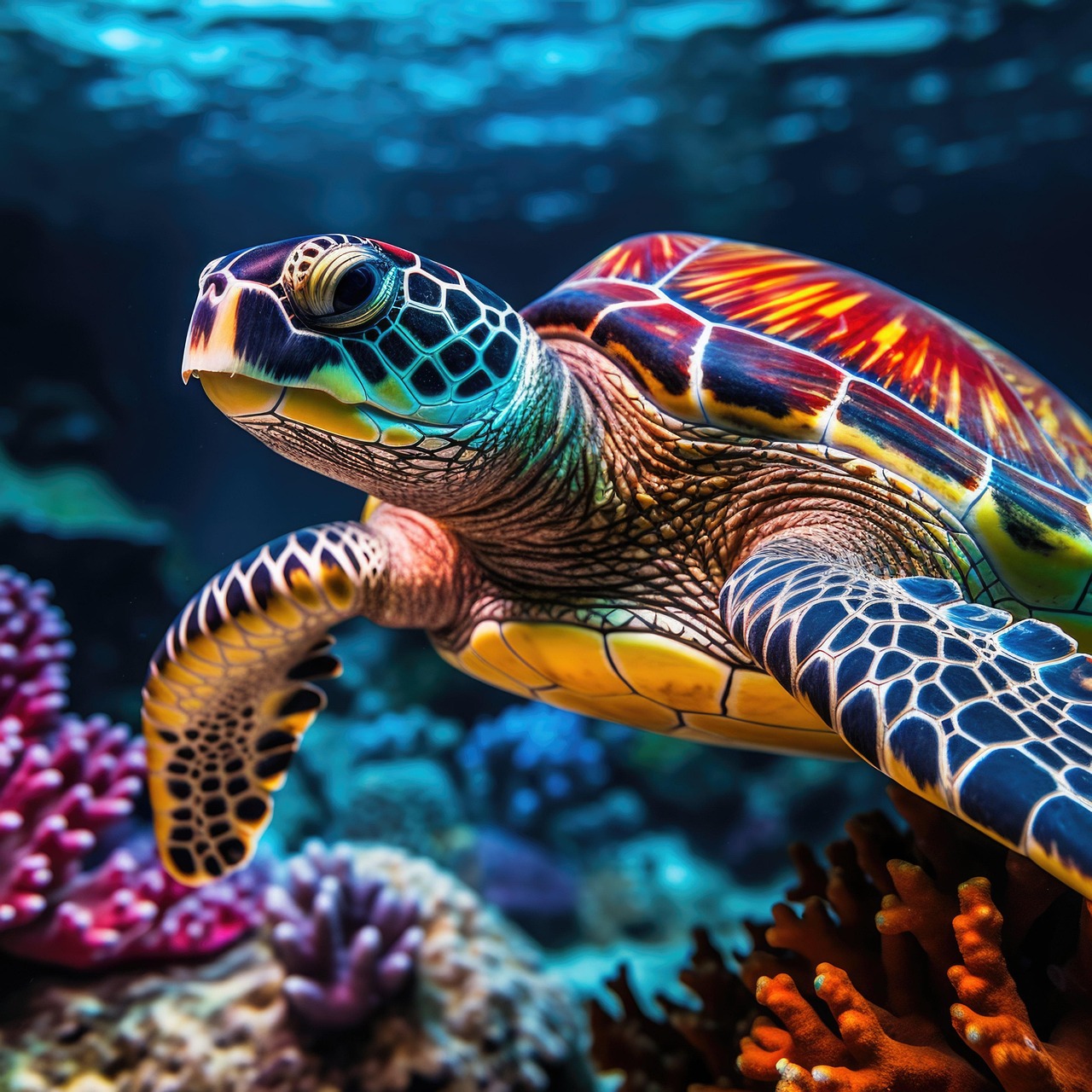 Colorful AI Sea Turtle Underwater