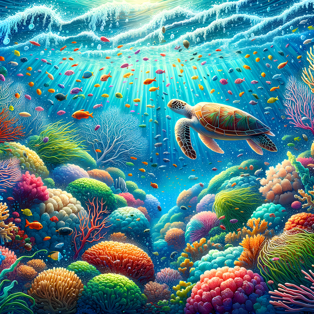 sea turtle illuminated in colorful AI underwater scene