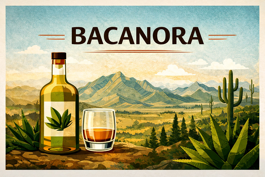 Bacanora bottle and glass with Sonora background